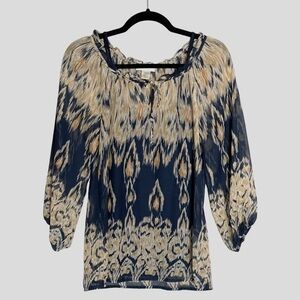 🌺 Kenar Boho Ikat Navy Tie Neck Lightweight Blouse Size XS